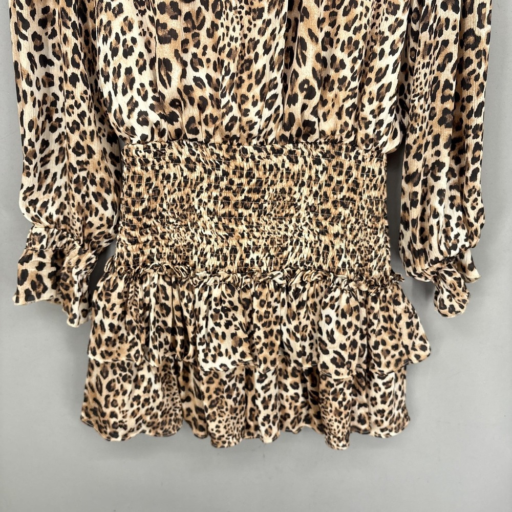 TCEC Dress Small Brown Leopard Long Sleeve Smocked Tiered Ruffle Fit Mini - Picture 3 of 11